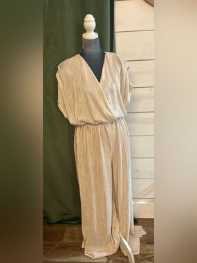 Cream Pleated Wrap-Front Jumpsuit with Elastic Waist